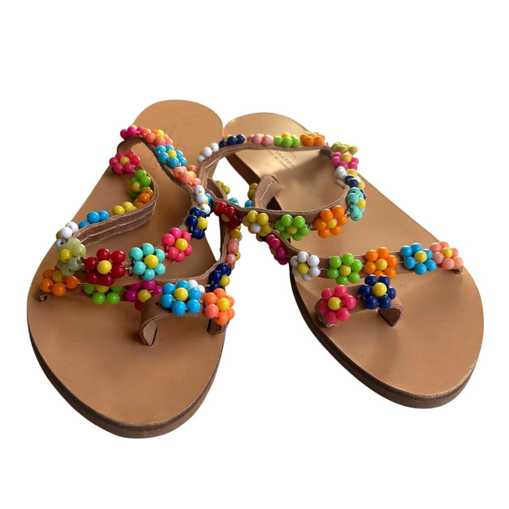 Elina Linardaki Beaded Floral Leather Sandals EU 38 Handmade in Greece Boho